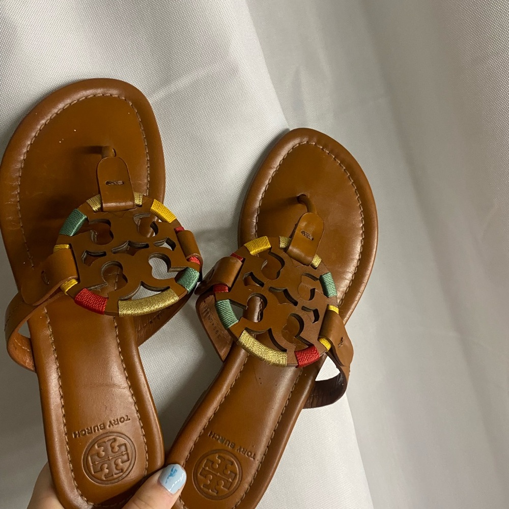 Tory Burch Brown Leather Sandals with Colorful Accents